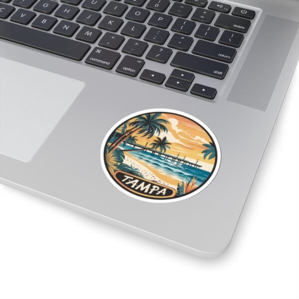 Tampa Florida Sticker - Retro Coastal Pier Art with Palm Trees, Ocean Waves and Sunset Beach Scene - Vintage Travel Souvenir