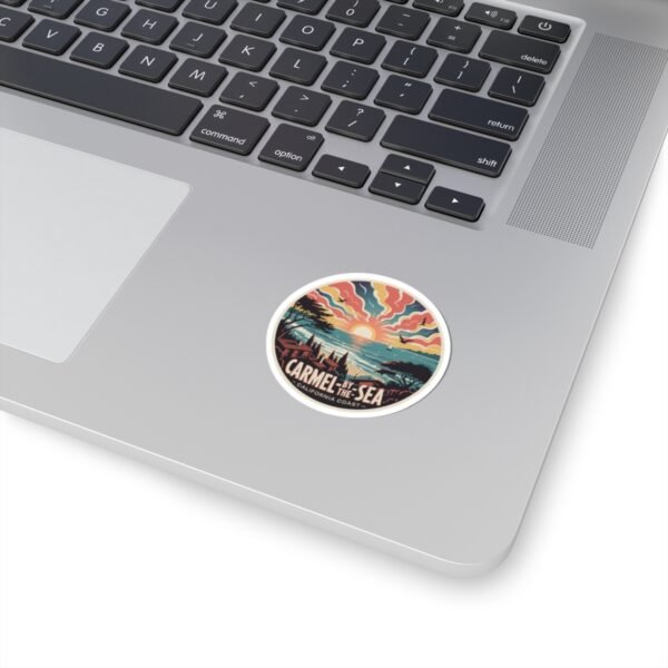 Carmel-by-the-Sea Sticker - California Coast Sunset Art, Retro Coastal Design with Sailboat and Seagulls, Vintage Round Travel Souvenir