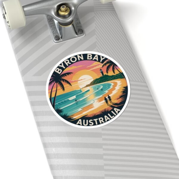 Byron Bay Australia Sticker - Retro Coastal Sunset Design with Lighthouse, Surfers, Palm Trees & Beach Silhouettes - Travel Souvenir Art