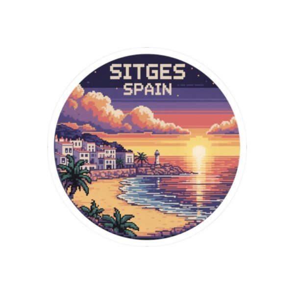 Sitges Spain Sticker - Pixel Art Sunset Mediterranean Coast Design, Retro Travel Round Vinyl Sticker for Laptops & Journals