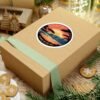 Carmel-by-the-Sea California Sunset Sticker - Vintage Coastal Round Design with Cypress Trees, Ocean Waves & Village Skyline