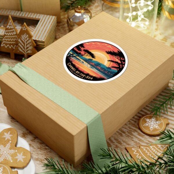 Carmel-by-the-Sea California Sunset Sticker - Vintage Coastal Round Design with Cypress Trees, Ocean Waves & Village Skyline