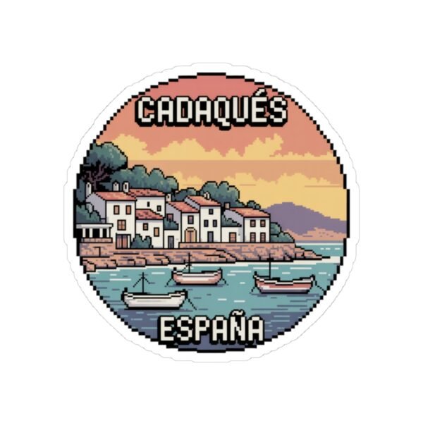 Cadaqués Spain Pixel Art Sticker - Retro Round Vinyl Sticker, Travel Souvenir, Costa Brava Spain Gift, Aesthetic Gaming Style