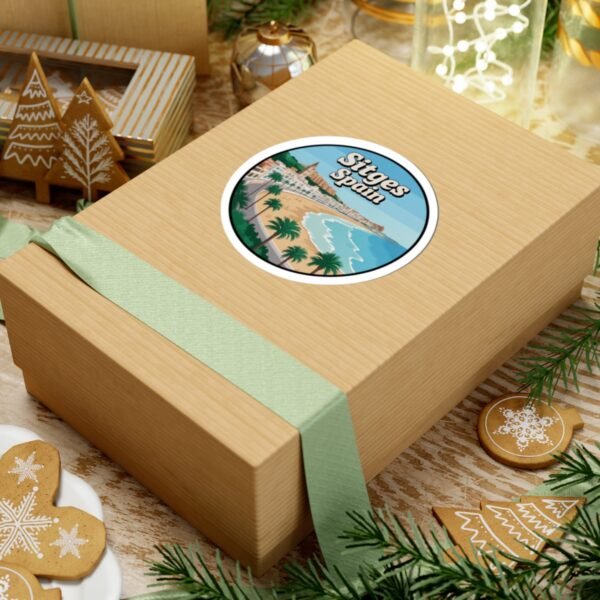 Sitges Spain Sticker - Retro Travel Coastal Beach Design with Palm Trees, Mediterranean Souvenir Decal