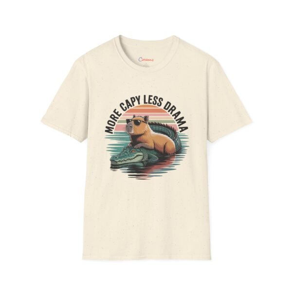 Capybara T-Shirt - More Capy Less Drama Funny Animal Tee - Chill Capybara Riding Crocodile Retro Sunset Graphic Shirt