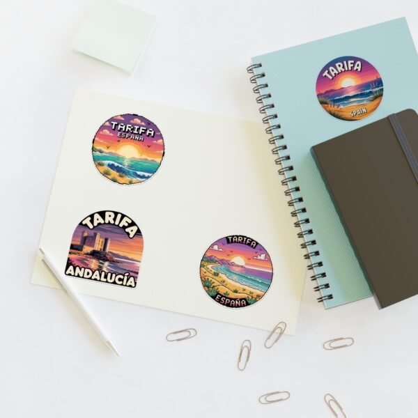 Tarifa España Sticker Pack - Retro & Pixel Art Travel Badge Set of 4, Sunset Beach Coastal Stickers, Andalusia Spain Souvenir