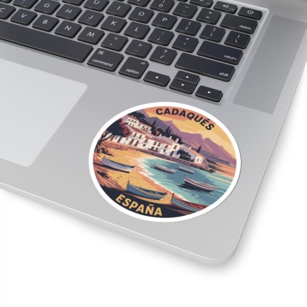 Cadaqués España Sunset Round Vinyl Sticker - Mediterranean Coastal Design, Spanish Seaside Travel Gift, Costa Brava Beach Art