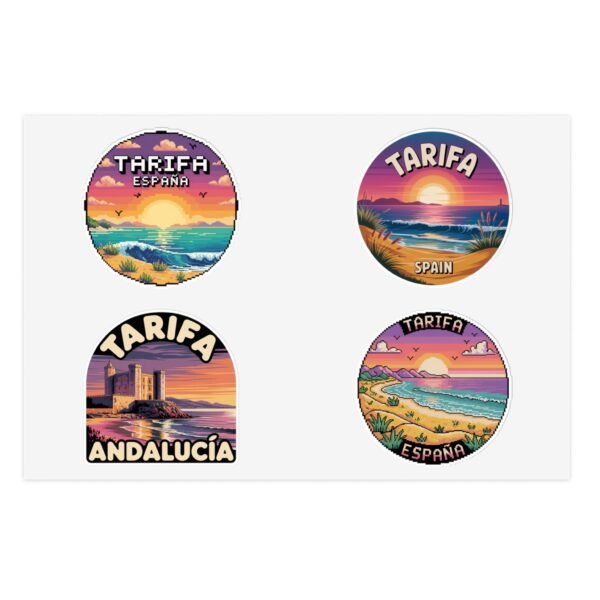 Tarifa España Sticker Pack - Retro & Pixel Art Travel Badge Set of 4, Sunset Beach Coastal Stickers, Andalusia Spain Souvenir