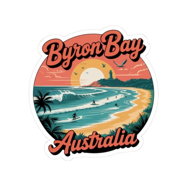 Byron Bay Australia Sticker - Retro Surf Travel Design with Sunset, Lighthouse & Palm Trees - Vintage Coastal Beach Souvenir