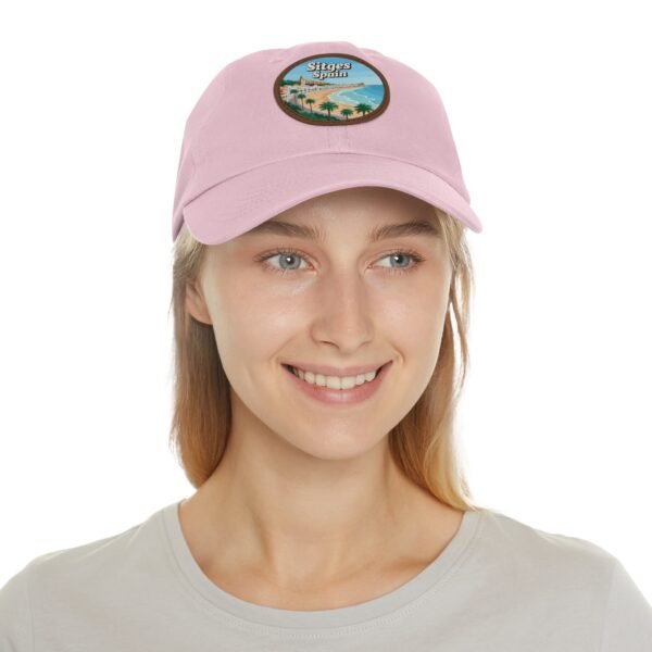 Sitges Spain Hat - Vintage Leather Patch Dad Cap with Coastal Beachfront Design, Adjustable Strapback, Travel Souvenir Gift