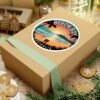 Byron Bay Australia Sticker - Retro Sunset Beach Design with Lighthouse, Surfers, Palm Trees & Silhouettes - Coastal Travel Art