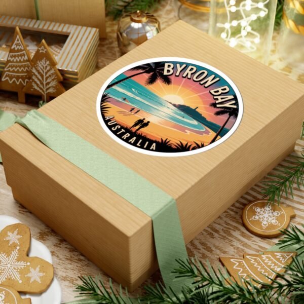 Byron Bay Australia Sticker - Retro Sunset Beach Design with Lighthouse, Surfers, Palm Trees & Silhouettes - Coastal Travel Art