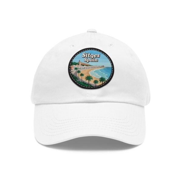 Sitges Spain Hat - Vintage Leather Patch Dad Cap with Coastal Beachfront Design, Adjustable Strapback, Travel Souvenir Gift