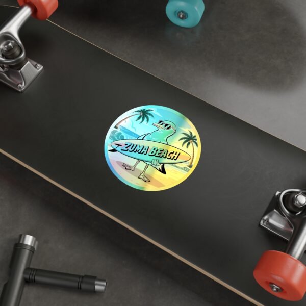 Zuma Beach Holographic Sticker - Cool Seagull Surfboard, Retro Summer Vibes, California Coastal Decor, Laptop & Water Bottle Vinyl Decal