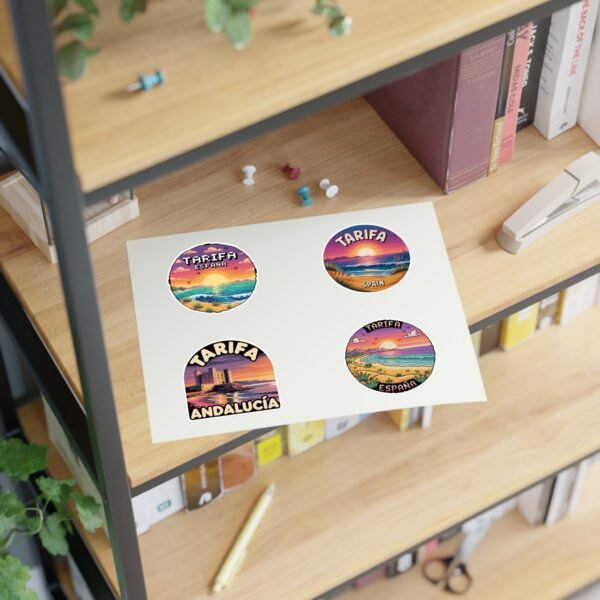 Tarifa España Sticker Pack - Retro & Pixel Art Travel Badge Set of 4, Sunset Beach Coastal Stickers, Andalusia Spain Souvenir