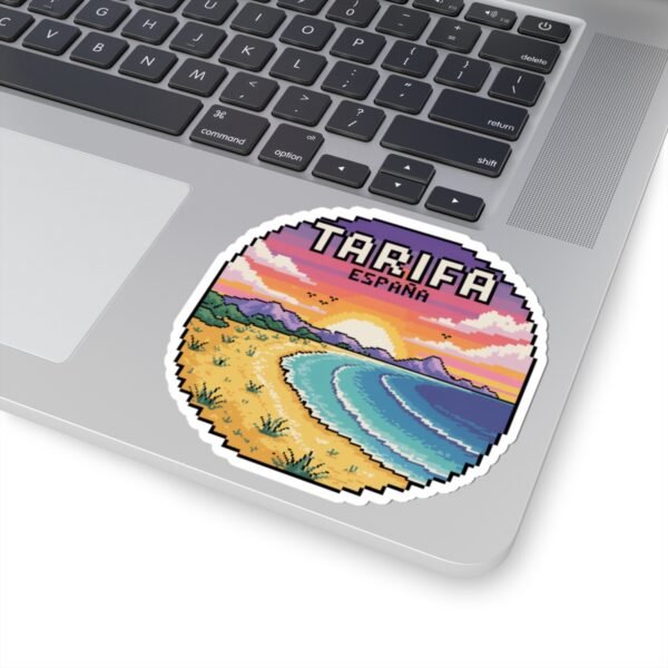 Tarifa España Sticker - Pixel Art Sunset Beach Scene, Retro Coastal Travel Badge Vinyl Decal for Laptop, Water Bottle
