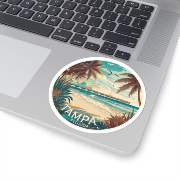 Tampa Florida Sticker - Vintage Coastal Pier Sunset Design with Palm Trees, Seagulls and Ocean Waves - Retro Travel Beach Souvenir