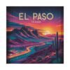 El Paso Texas Poster - Retro Sunset Desert Landscape Wall Art with Mountains, Cactus & City Lights - Vibrant Travel Illustration Print