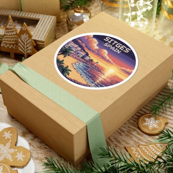 Sitges Spain Sticker - Pixel Art Sunset Mediterranean Coast Design, Retro Travel Round Vinyl Sticker for Laptops & Journals