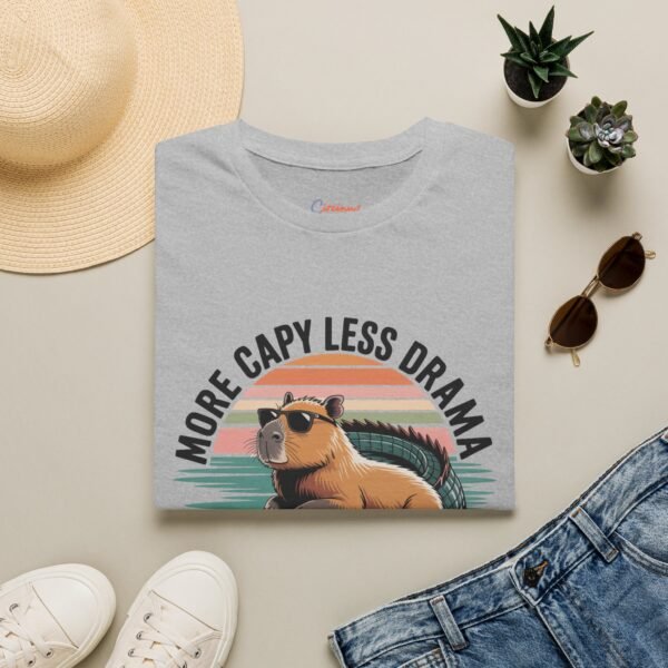 Capybara T-Shirt - More Capy Less Drama Funny Animal Tee - Chill Capybara Riding Crocodile Retro Sunset Graphic Shirt