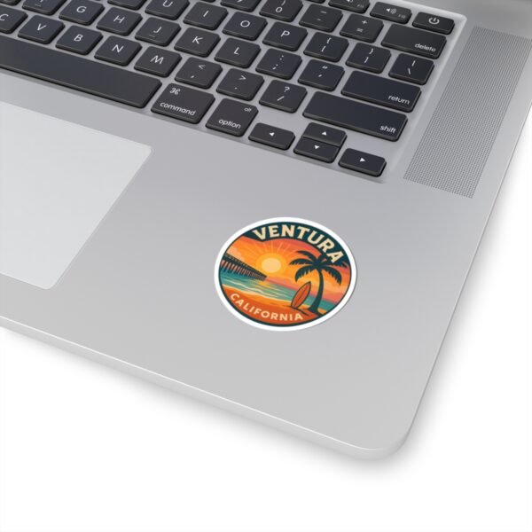 Ventura California Sunset Sticker - Round Beach Decal, Retro Coastal Surf Art, Ocean Travel Gift, Laptop & Water Bottle Vinyl
