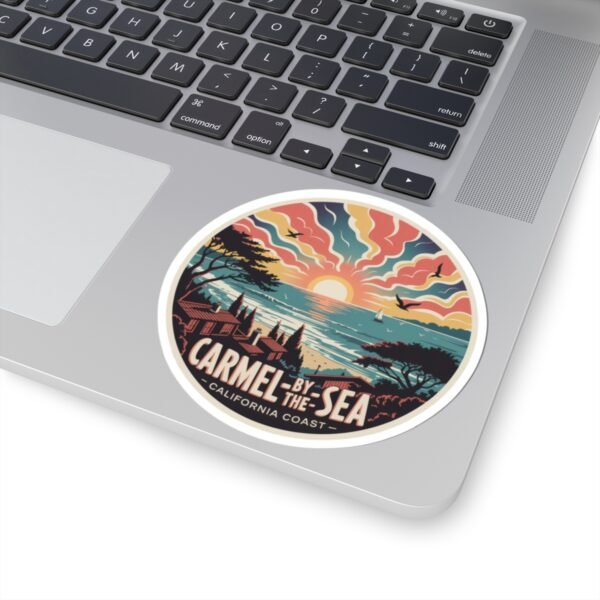 Carmel-by-the-Sea Sticker - California Coast Sunset Art, Retro Coastal Design with Sailboat and Seagulls, Vintage Round Travel Souvenir