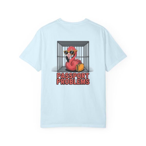 Funny Flamingo T-Shirt - Passport Problems Graphic Tee, Travel Humor Front & Back Print Shirt, Quirky Bird Streetwear Gift