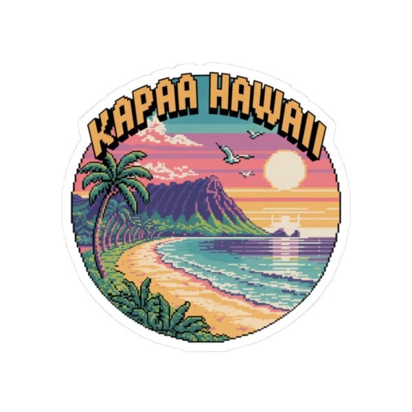 Kapaa Hawaii Pixel Art Sticker - Retro 8-Bit Beach Sunset with Nounou Mountain & Palm Trees - Vintage Gamer Travel Souvenir