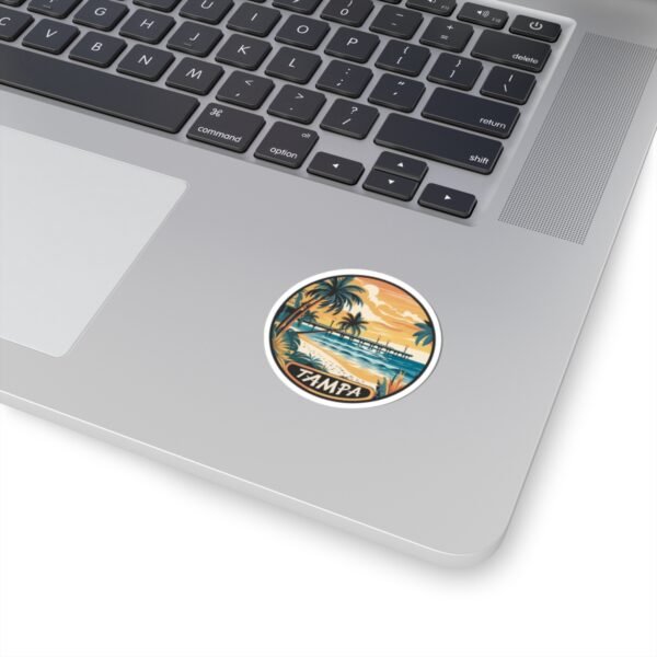 Tampa Florida Sticker - Retro Coastal Pier Art with Palm Trees, Ocean Waves and Sunset Beach Scene - Vintage Travel Souvenir