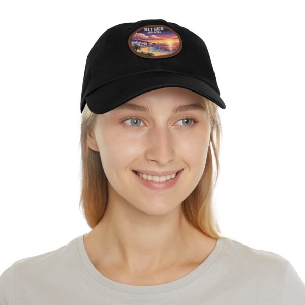 Sitges Spain Hat - Pixel Art Sunset Dad Cap with Leather Patch, Coastal Mediterranean Travel Souvenir