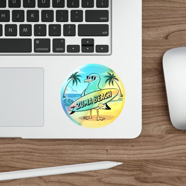 Zuma Beach Holographic Sticker - Cool Seagull Surfboard, Retro Summer Vibes, California Coastal Decor, Laptop & Water Bottle Vinyl Decal