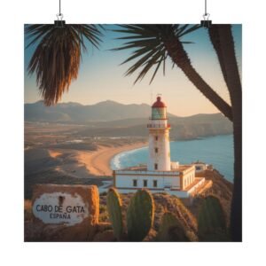 Cabo de Gata Spain Poster - Mediterranean Coastal Wall Art, Sunset Lighthouse Print, Travel Home Decor, Andalusia Beach Illustration