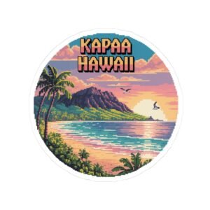 Kapaa Hawaii Pixel Art Sticker - Retro 16-Bit Sunset Beach Design with Palm Trees & Waves - Vintage Coastal Travel Souvenir