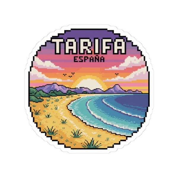 Tarifa España Sticker - Pixel Art Sunset Beach Scene, Retro Coastal Travel Badge Vinyl Decal for Laptop, Water Bottle