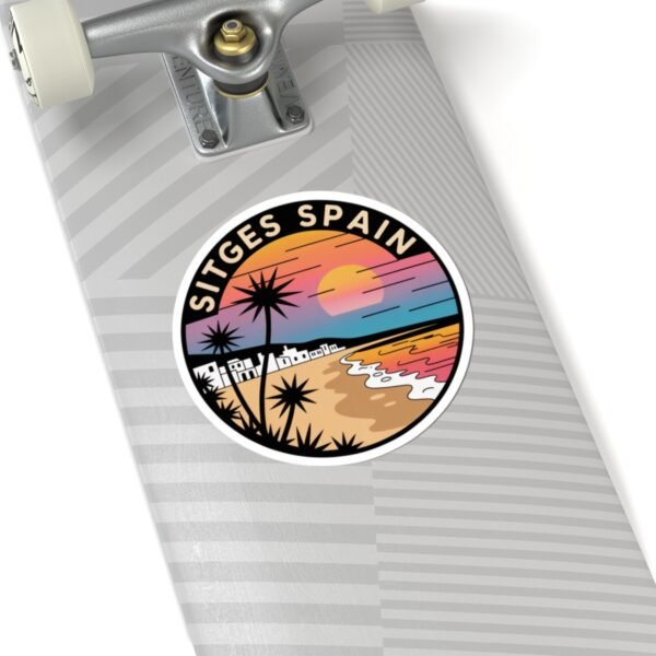 Sitges Spain Sticker - Retro Sunset Beach Vinyl Decal with Palm Trees and Mediterranean Coastline Travel Art Souvenir