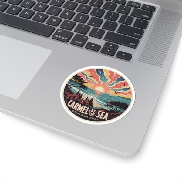Carmel-by-the-Sea Sticker - California Coast Sunset Art, Retro Coastal Design with Sailboat and Seagulls, Vintage Round Travel Souvenir