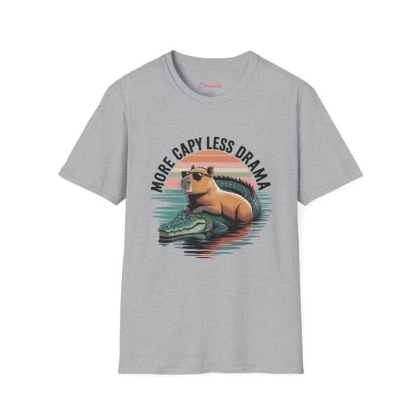 Capybara T-Shirt - More Capy Less Drama Funny Animal Tee - Chill Capybara Riding Crocodile Retro Sunset Graphic Shirt