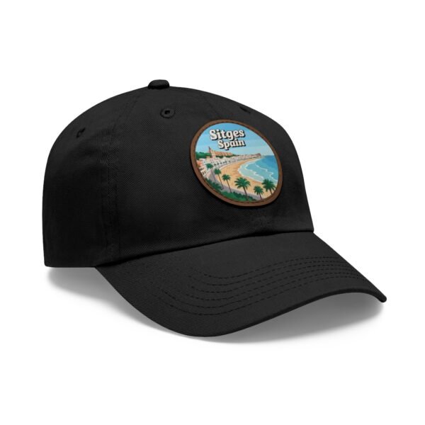 Sitges Spain Hat - Vintage Leather Patch Dad Cap with Coastal Beachfront Design, Adjustable Strapback, Travel Souvenir Gift