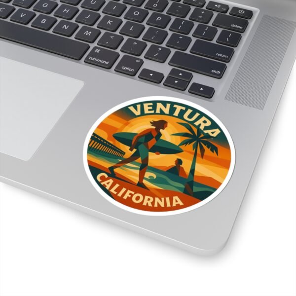 8797282031508247980_1200.jpeg Ventura California Surf Sunset Sticker - Retro Round Beach Decal, Artistic Coastal Vibes, Waterproof Vinyl for Laptops and Bottles