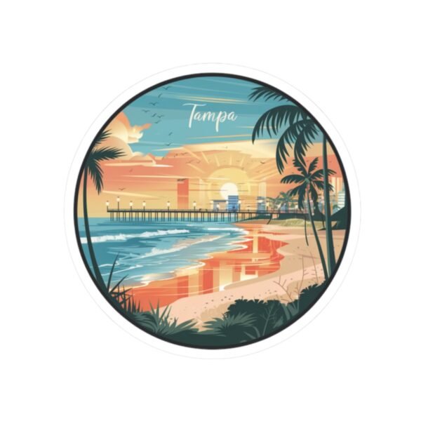 Tampa Florida Sticker - Retro Sunset Beach Design with Palm Trees, Pier and Ocean Waves - Vintage Coastal Travel Souvenir