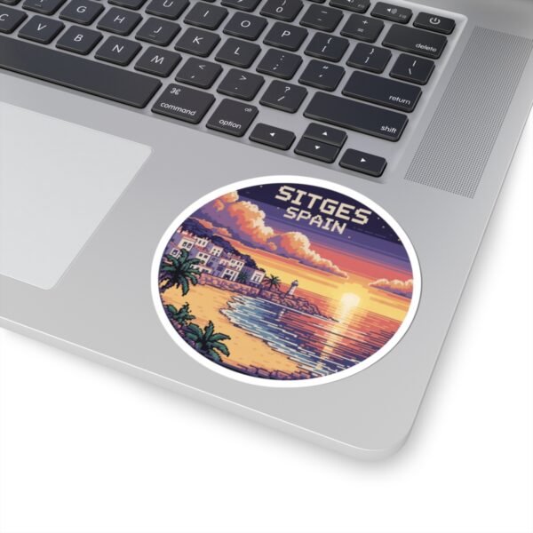 Sitges Spain Sticker - Pixel Art Sunset Mediterranean Coast Design, Retro Travel Round Vinyl Sticker for Laptops & Journals