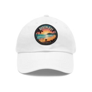 Byron Bay Hat - Retro Sunset Leather Patch Cap with Coastal Design, Australia Beach Souvenir, Surf Style Dad Hat Gift
