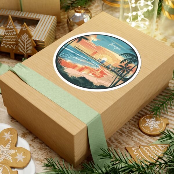 Tampa Florida Sticker - Retro Sunset Beach Design with Palm Trees, Pier and Ocean Waves - Vintage Coastal Travel Souvenir