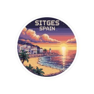 Sitges Spain Sticker - Pixel Art Sunset Mediterranean Coast Design, Retro Travel Round Vinyl Sticker for Laptops & Journals