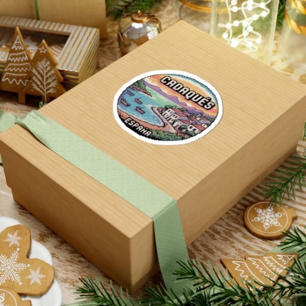 Cadaqués Spain Pixel Art Round Sticker - Retro Coastal Design, Mediterranean Village & Boats, Cute Travel Souvenir for Laptops and Journals