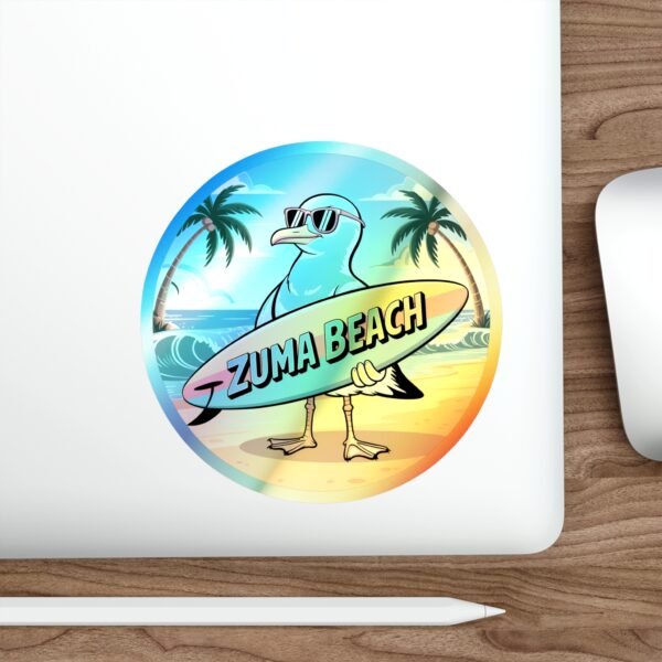 Zuma Beach Holographic Sticker - Cool Seagull Surfboard, Retro Summer Vibes, California Coastal Decor, Laptop & Water Bottle Vinyl Decal
