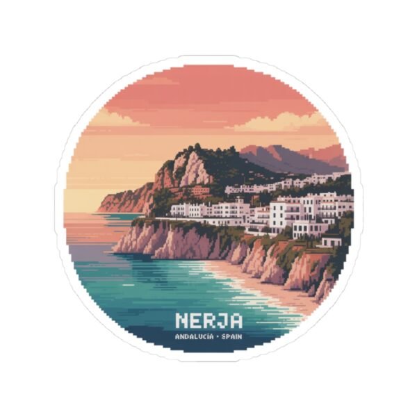 Nerja Spain Pixel Art Sticker - Retro 8-Bit Coastal Design | Andalucía Travel Vinyl Decal for Laptop, Journal & Water Bottle