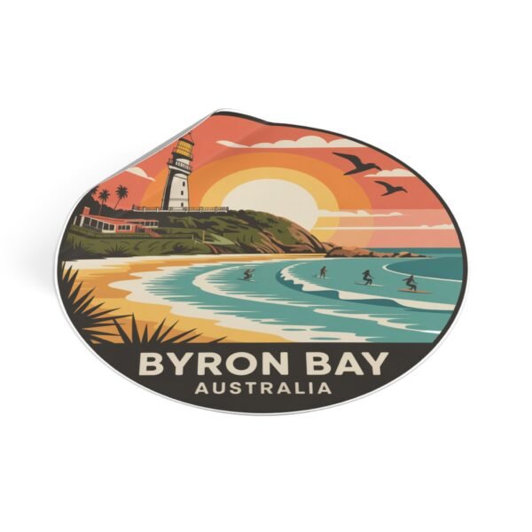 Byron Bay Australia Round Vinyl Sticker - Retro Beach Sunset Design, Coastal Souvenir, Waterproof Surf & Travel Decal