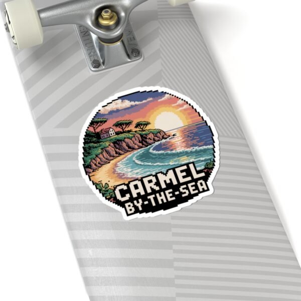 Carmel-by-the-Sea Sticker - Pixel Art Sunset Cliff and Ocean Waves Design - Retro California Coastal Travel Souvenir Vinyl Decal