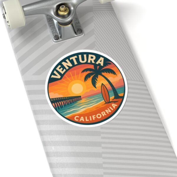 Ventura California Sunset Sticker - Round Beach Decal, Retro Coastal Surf Art, Ocean Travel Gift, Laptop & Water Bottle Vinyl